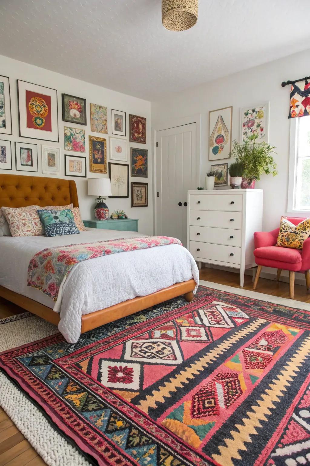 A bold patterned rug adds drama and personality to an eclectic bedroom.