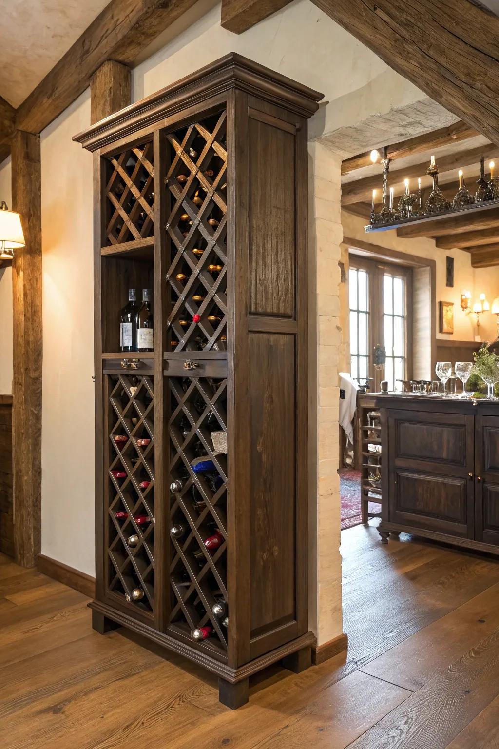 A vintage-style wine rack cabinet, displaying wine with elegance.