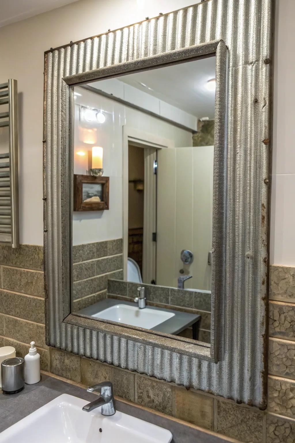 A bathroom mirror framed with corrugated metal adds a unique rustic element.