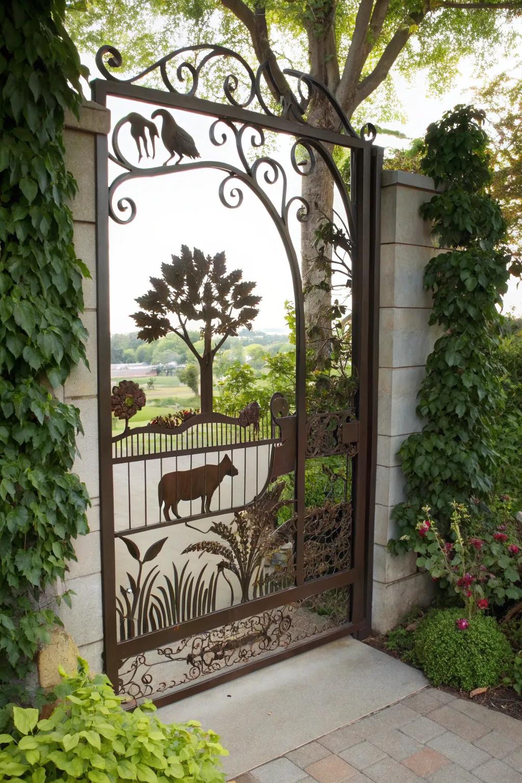 Decorative iron gates reflect the farm's unique personality.