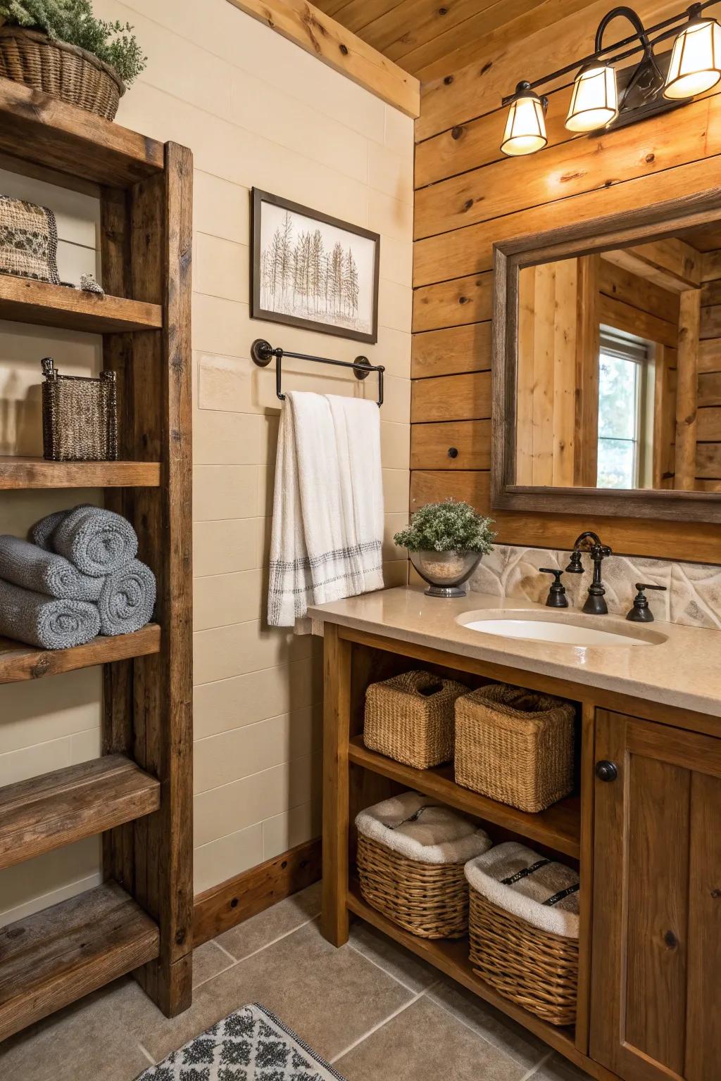 Organized and stylish: a rustic shelf and towel rack combo.