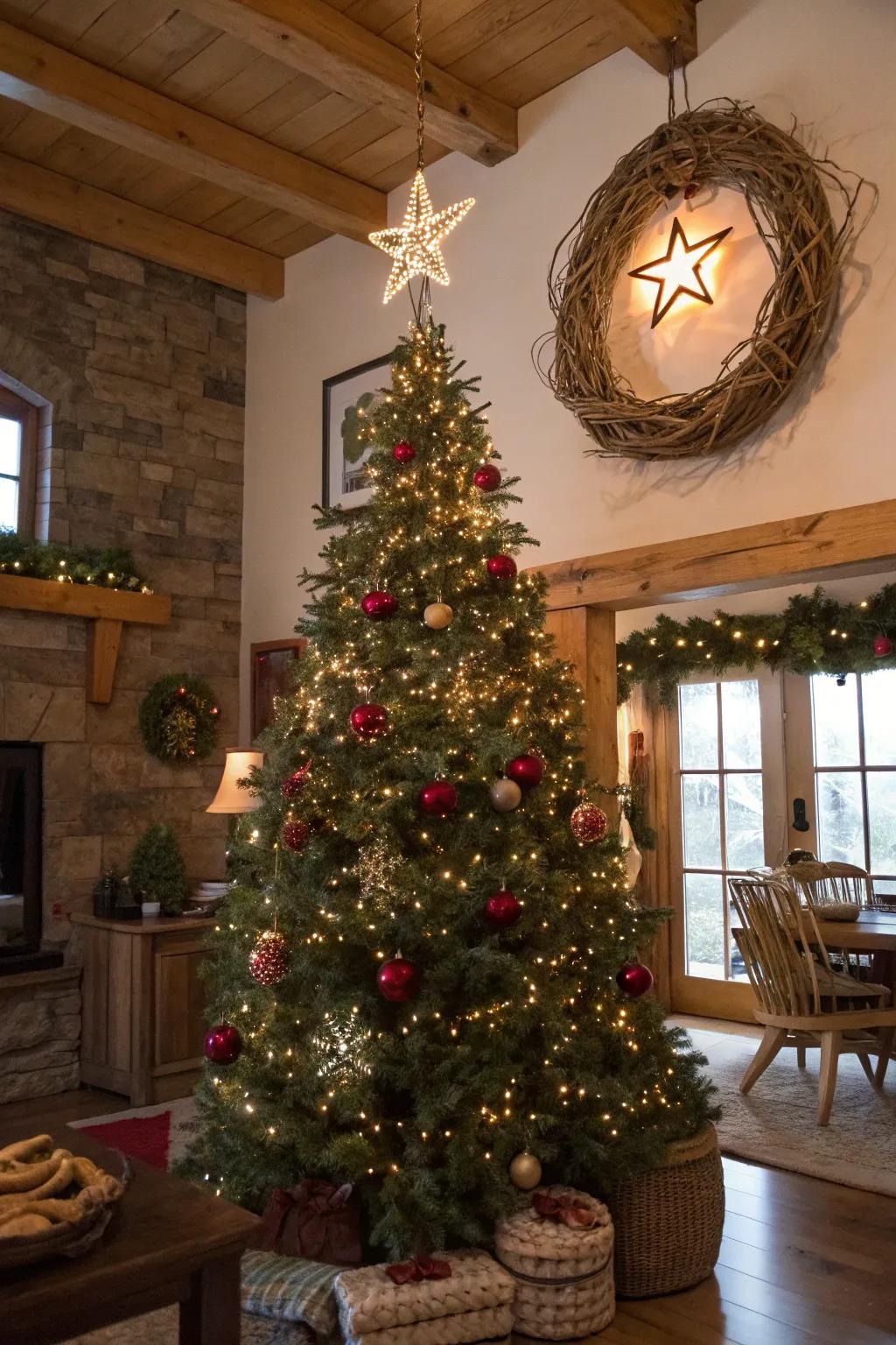 A grapevine wreath star adds a rustic, handcrafted touch to the tree.