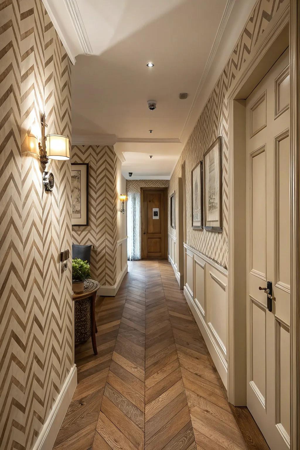 Chevron wallpaper adds a dynamic touch to rustic interiors.