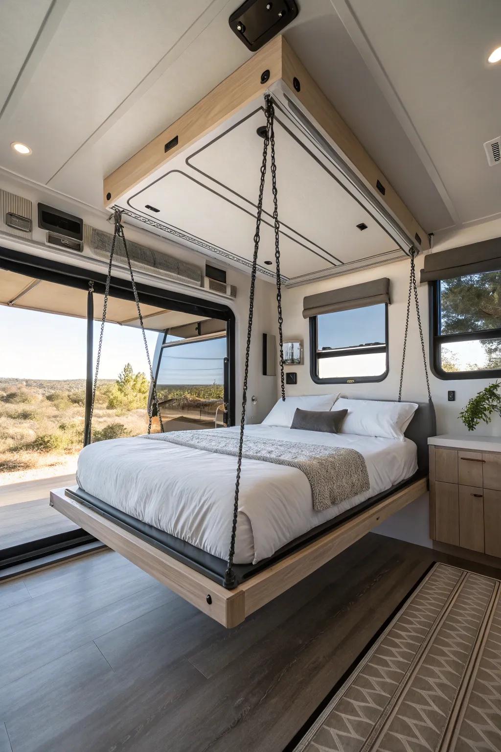 A floating bed frame enhances the sense of space in your RV.