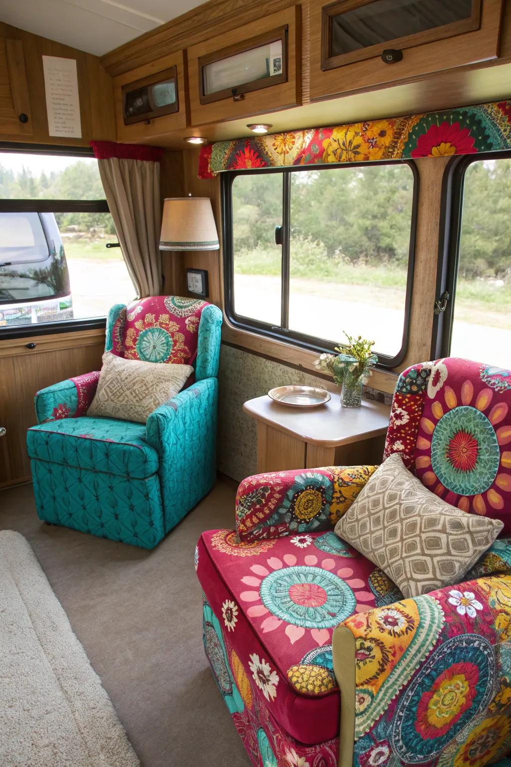 Decorative accent chairs add character and comfort to your RV interior.