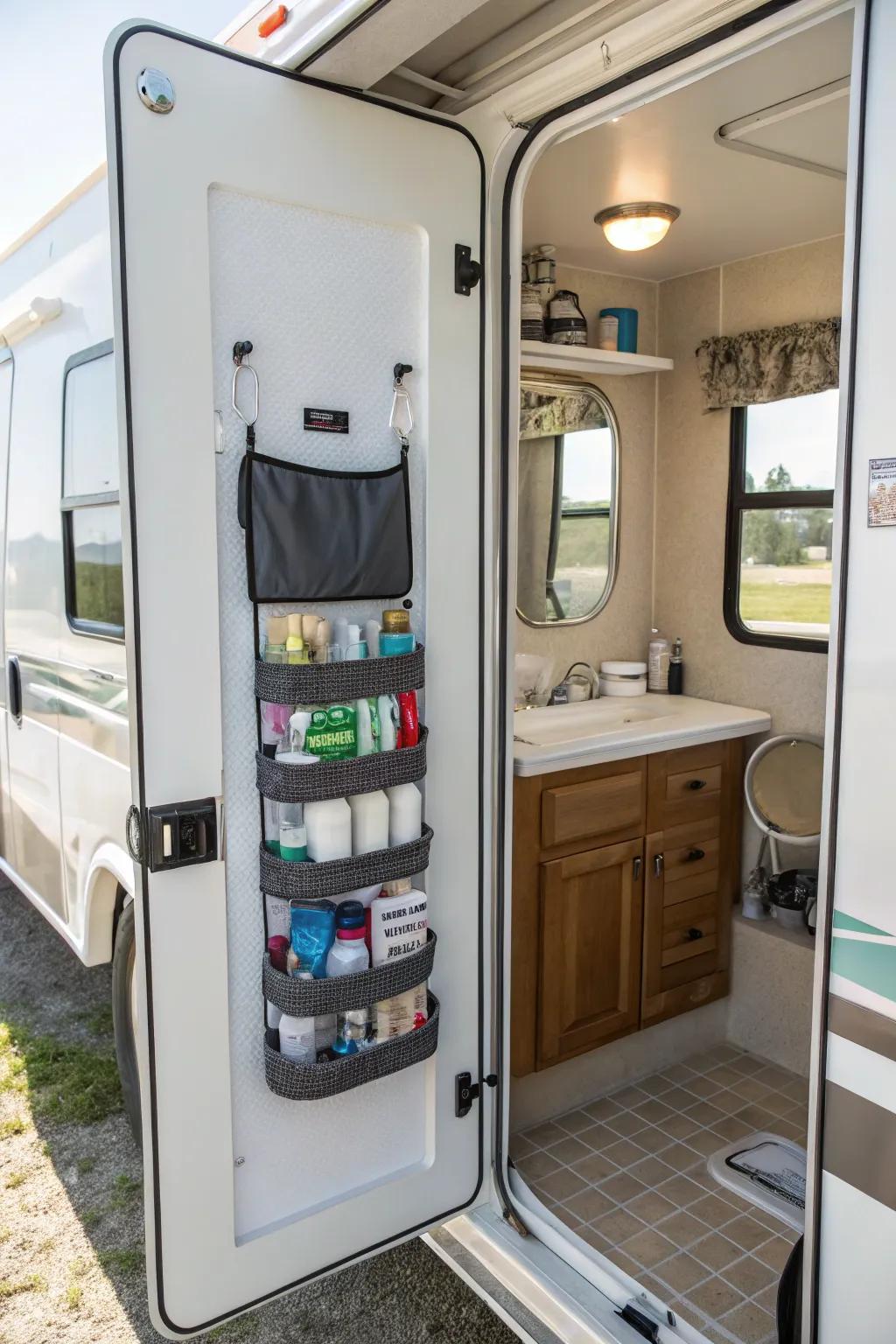 A shoe organizer repurposed for storing toiletries.