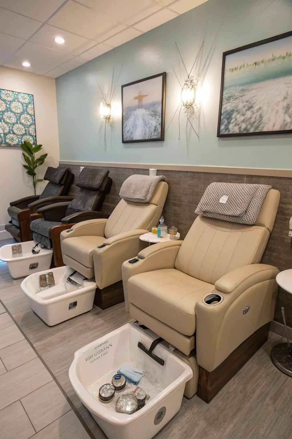 A relaxation room offers clients a soothing start to their salon visit.