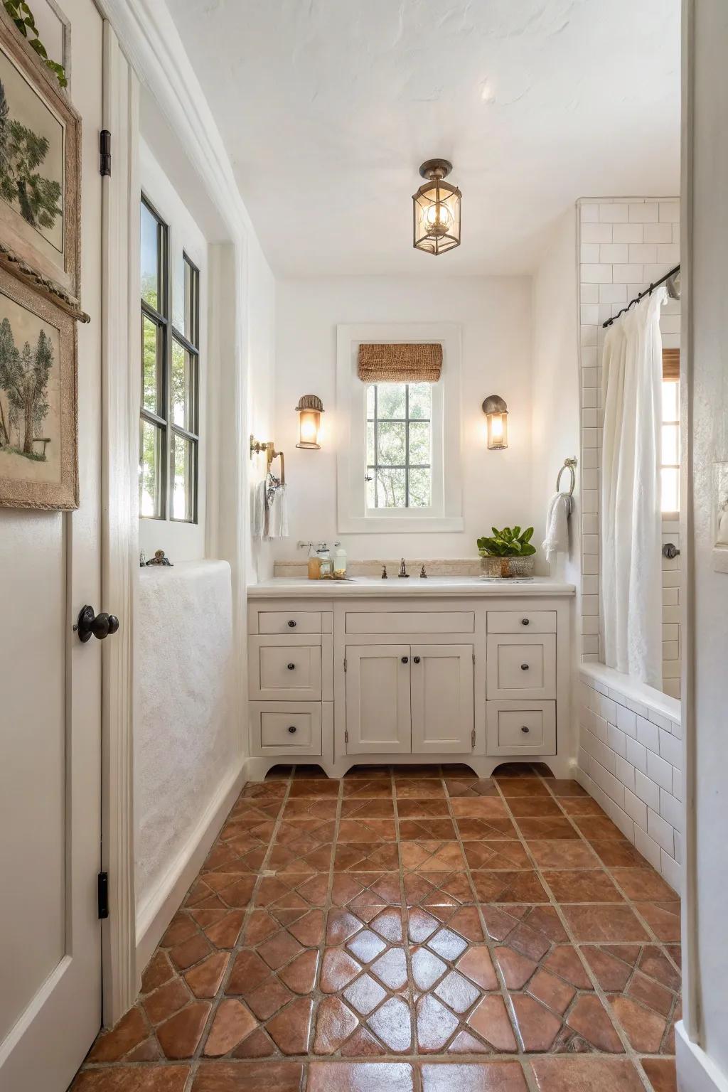 A bright bathroom featuring whitewashed Saltillo tile flooring and airy decor.