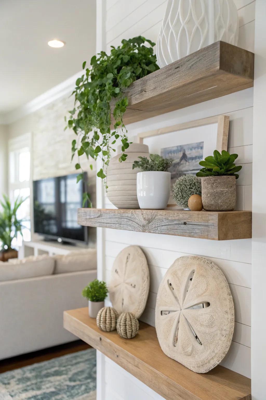 Minimalistic floating shelves provide a serene coastal ambiance.