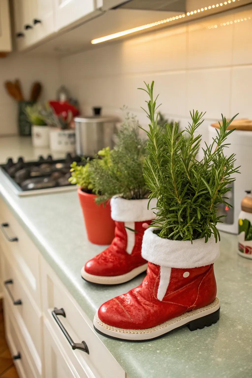 Add a green touch to your kitchen with Santa boots planters.