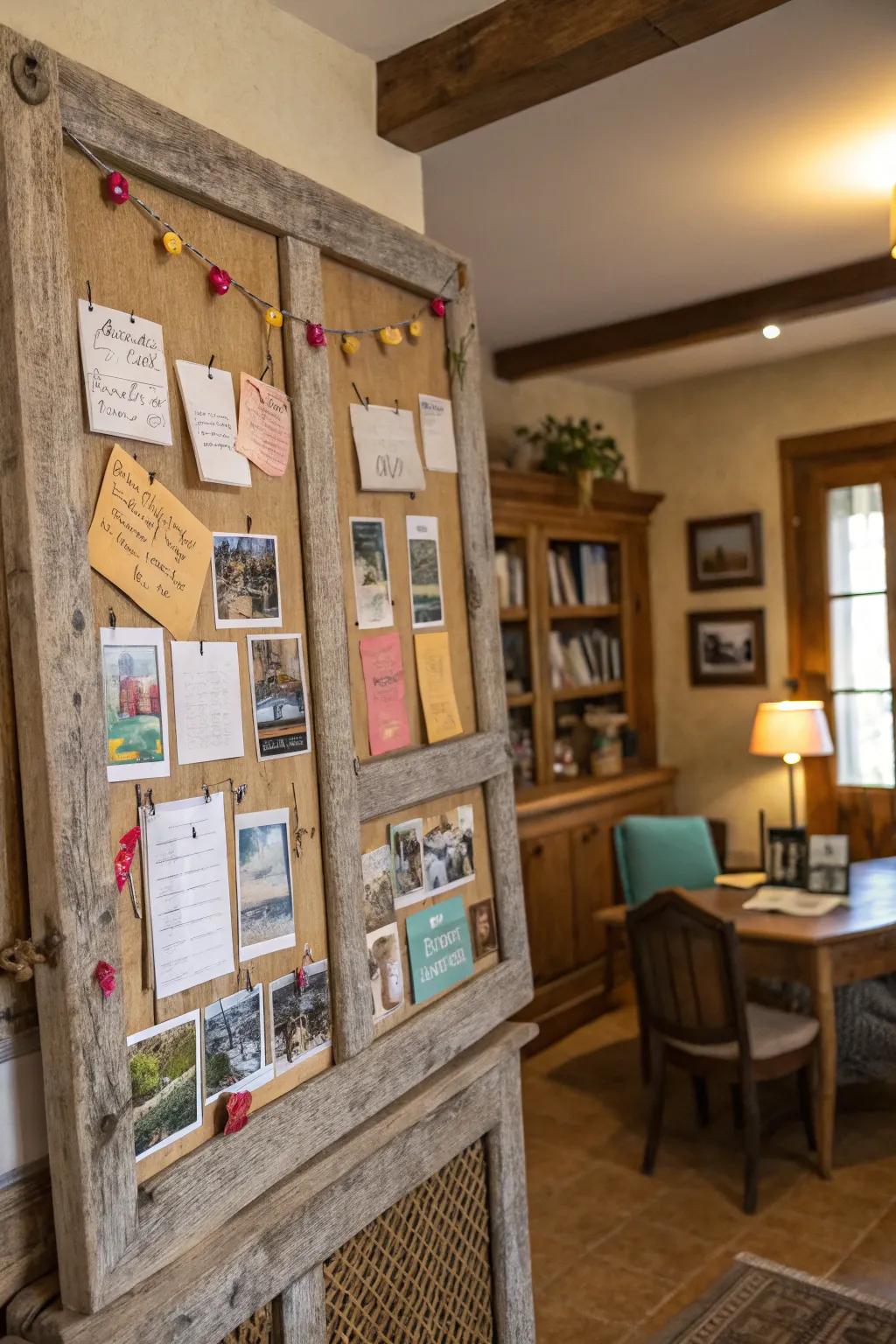 A rustic bulletin board adds charm and organization to your study