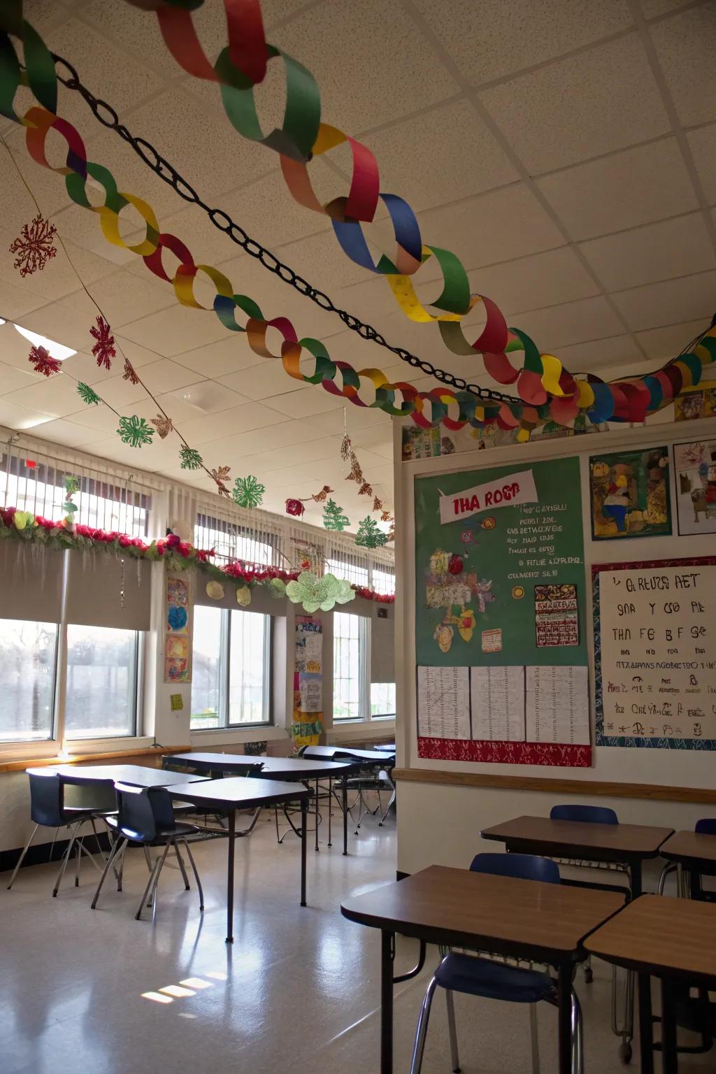 Themed paper chains add festive cheer to the classroom.