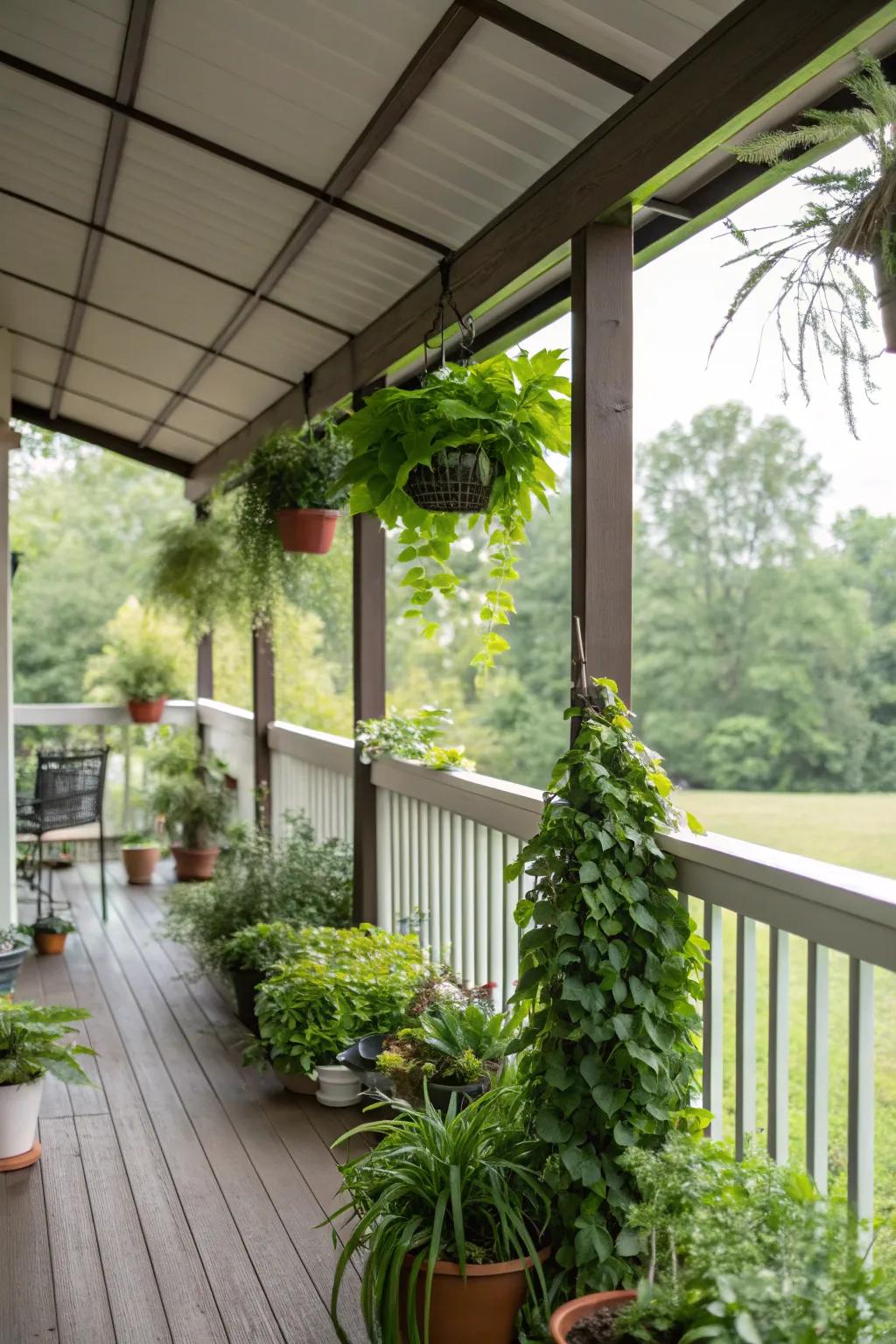 Greenery brings vibrancy and freshness to your screened porch.