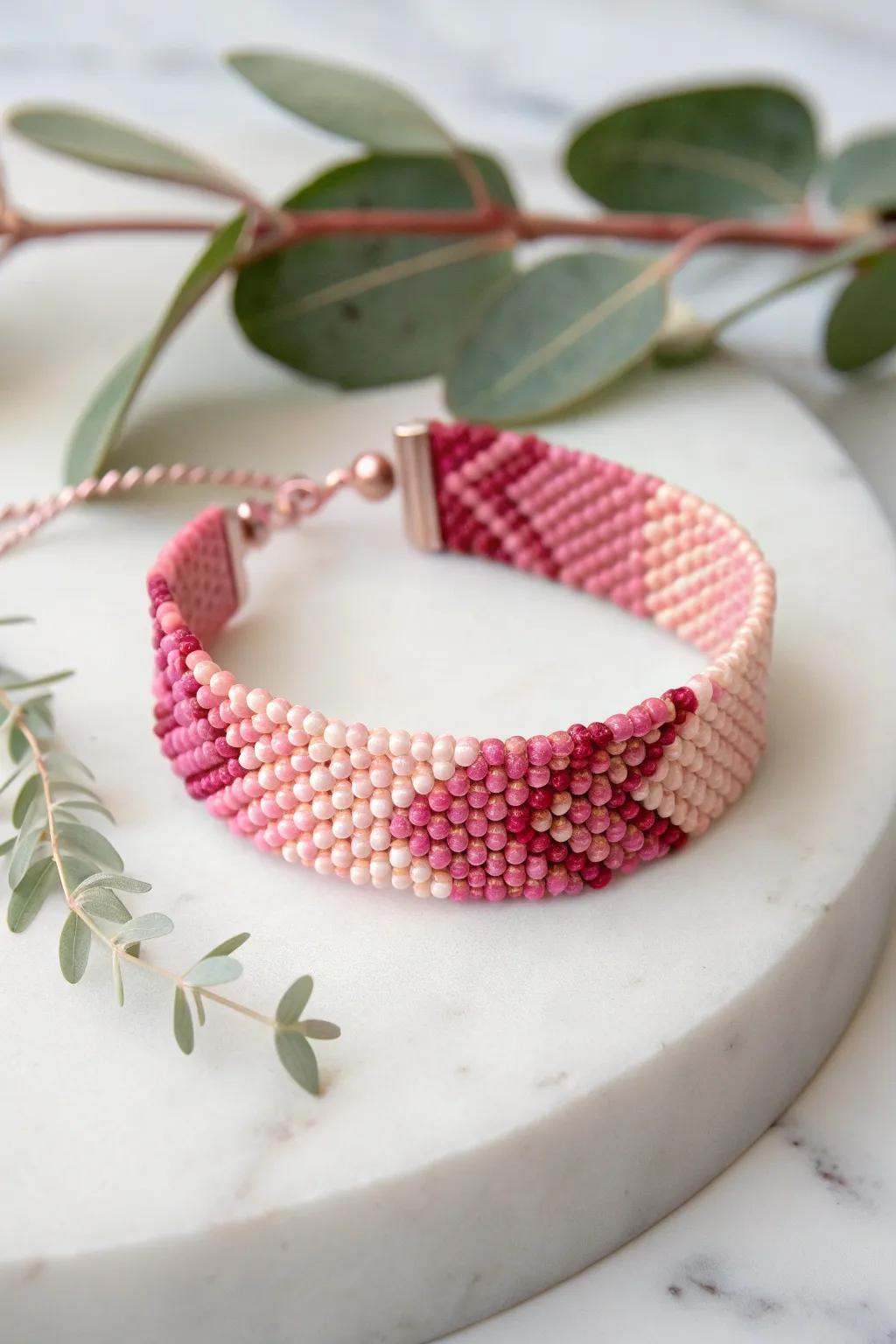 Embrace the elegance of monochrome magic with this pink gradient seed bead bracelet. Perfect for those who love a touch of minimalist beauty with a boho twist.