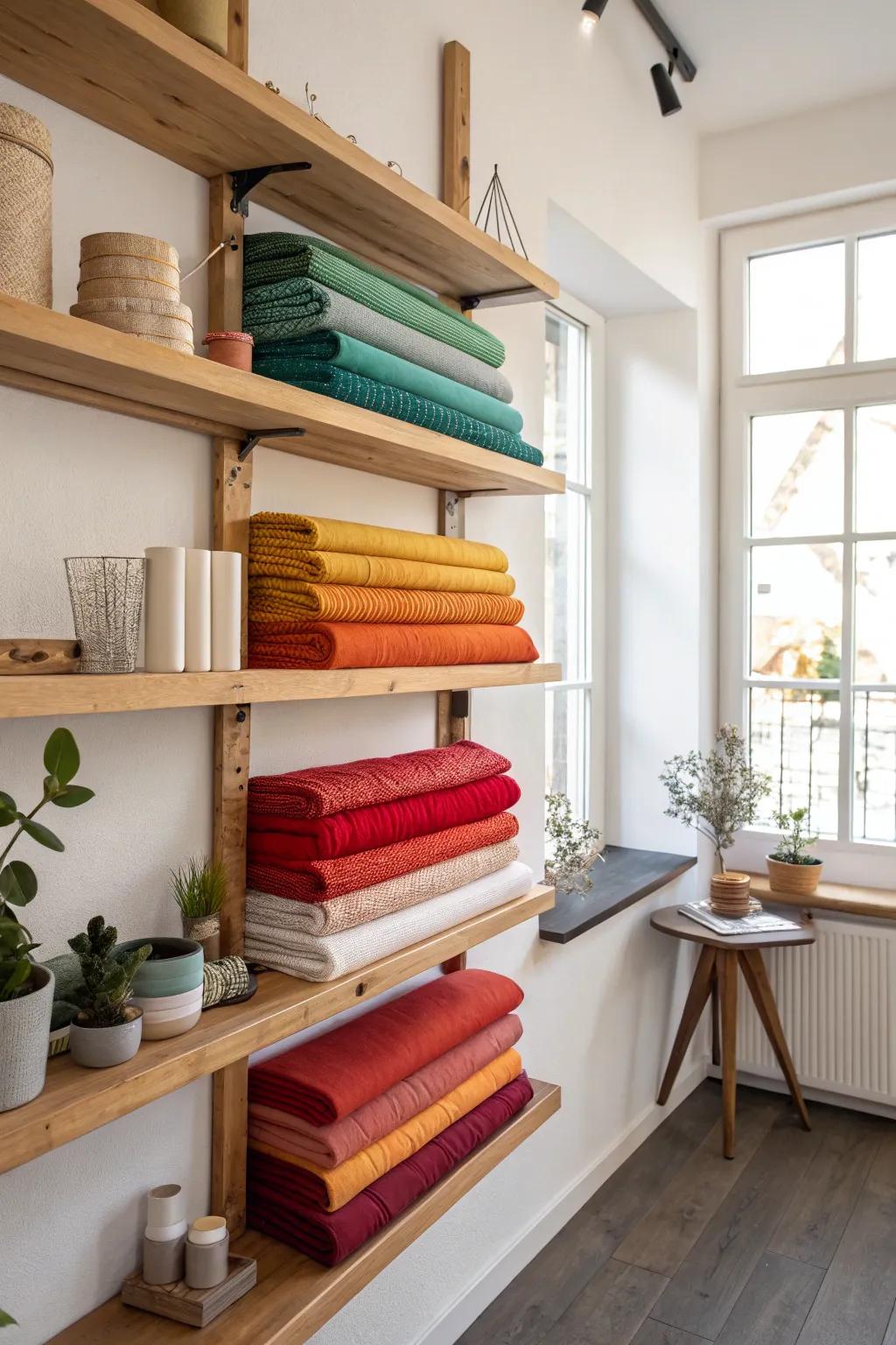 Transform your sewing space with stylish floating shelves that showcase your fabric collection in vibrant hues.