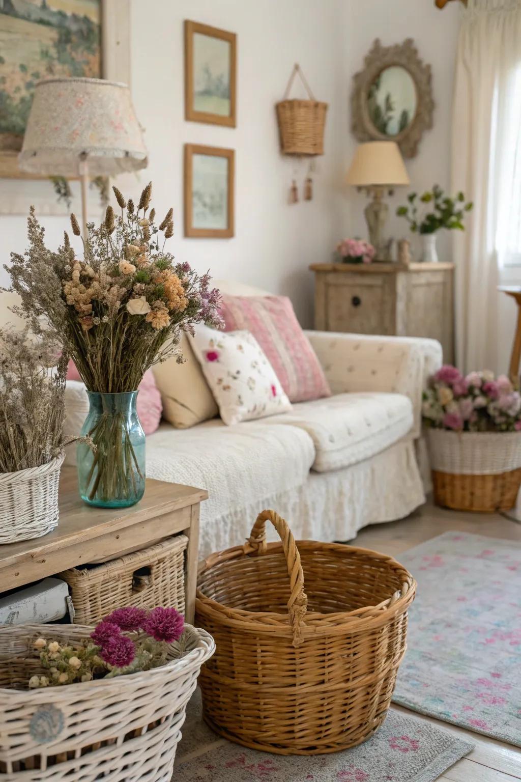 Natural elements like wicker and dried flowers enhance shabby chic decor.