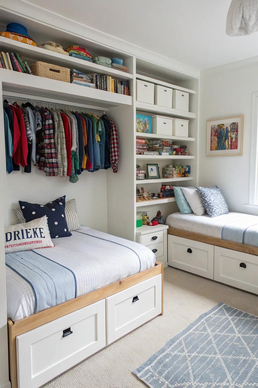 Built-in storage keeps the room organized and tidy.