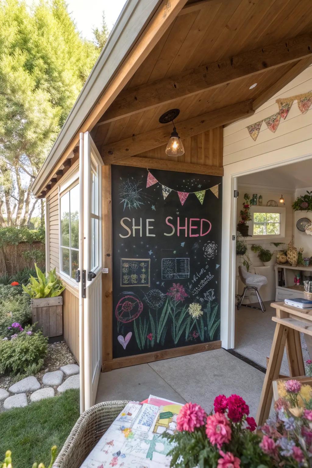 A chalkboard wall offers a creative outlet and organizational tool in a she shed.