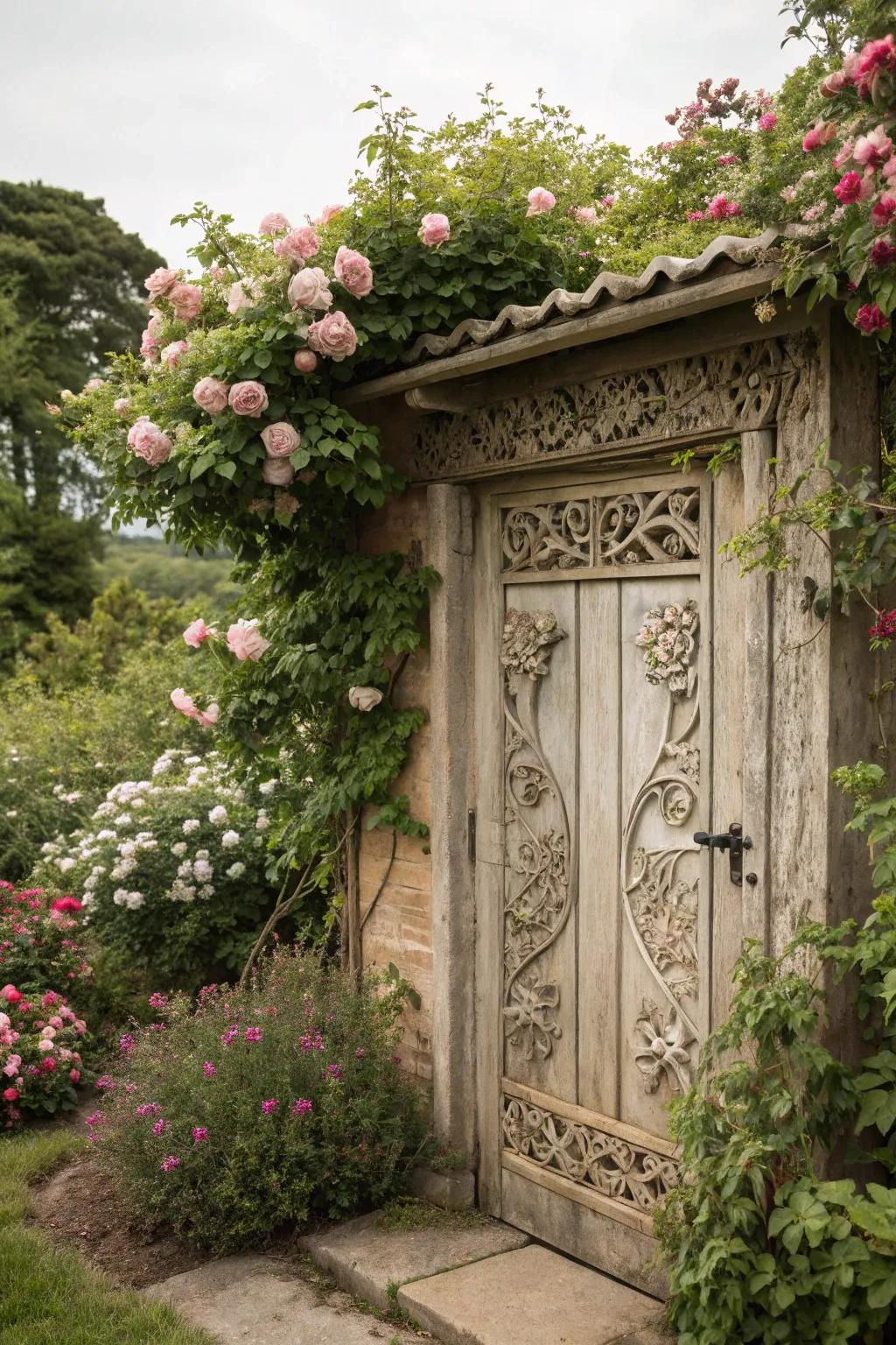 Floral carvings bring a whimsical and enchanting touch to this shed door.