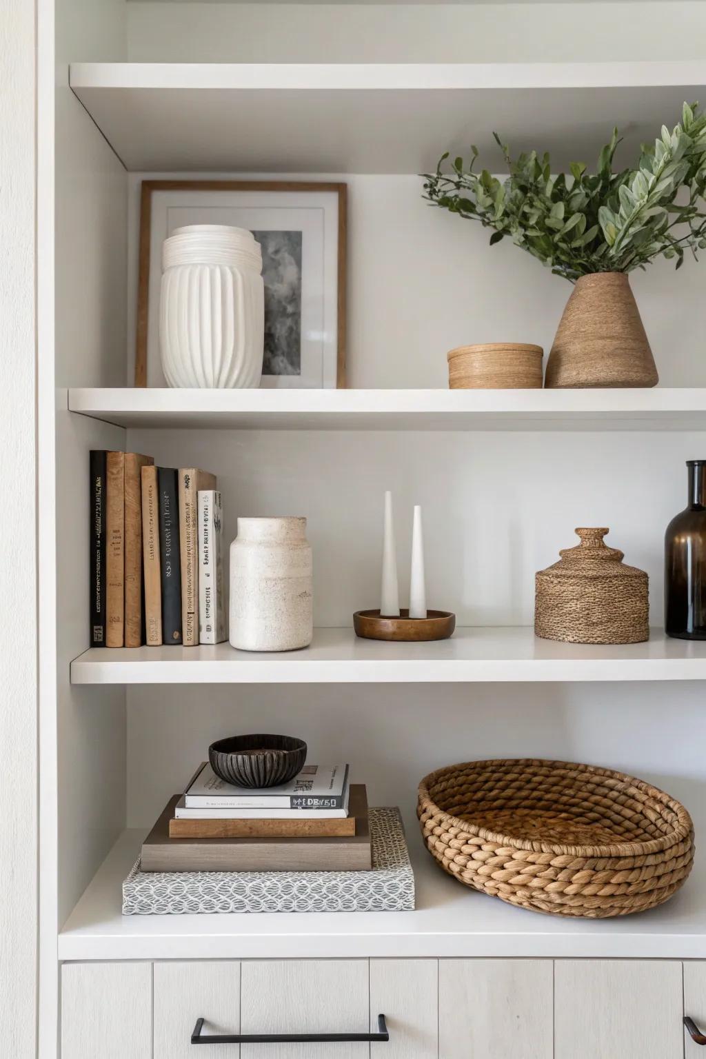 Negative space on shelves creates a balanced and airy look.