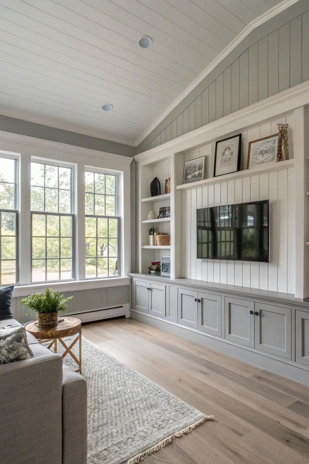 A modern living space with gray shiplap wainscoting for a sleek look.