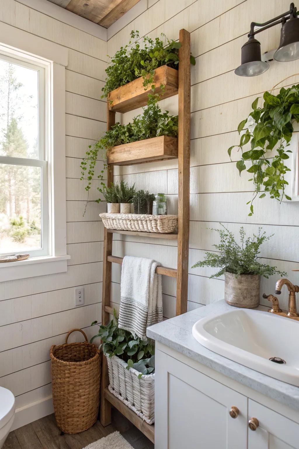 A bathroom featuring a shiplap wall with mounted plant shelves.