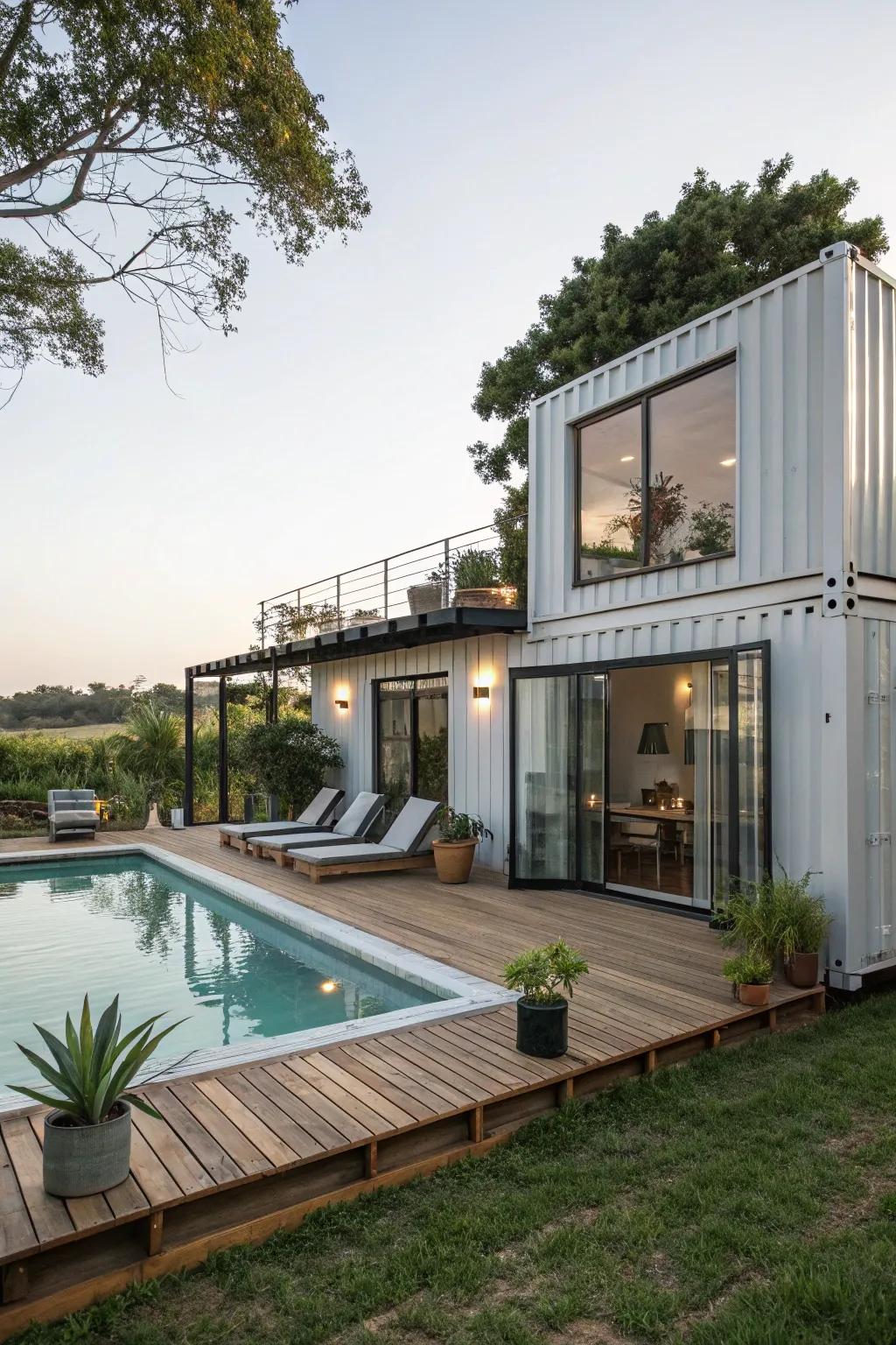 Enjoy luxury and leisure with a poolside deck for your container home.