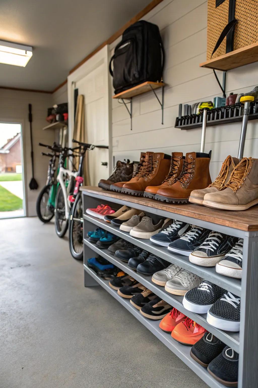 Garage storage keeps seasonal shoes organized and ready.