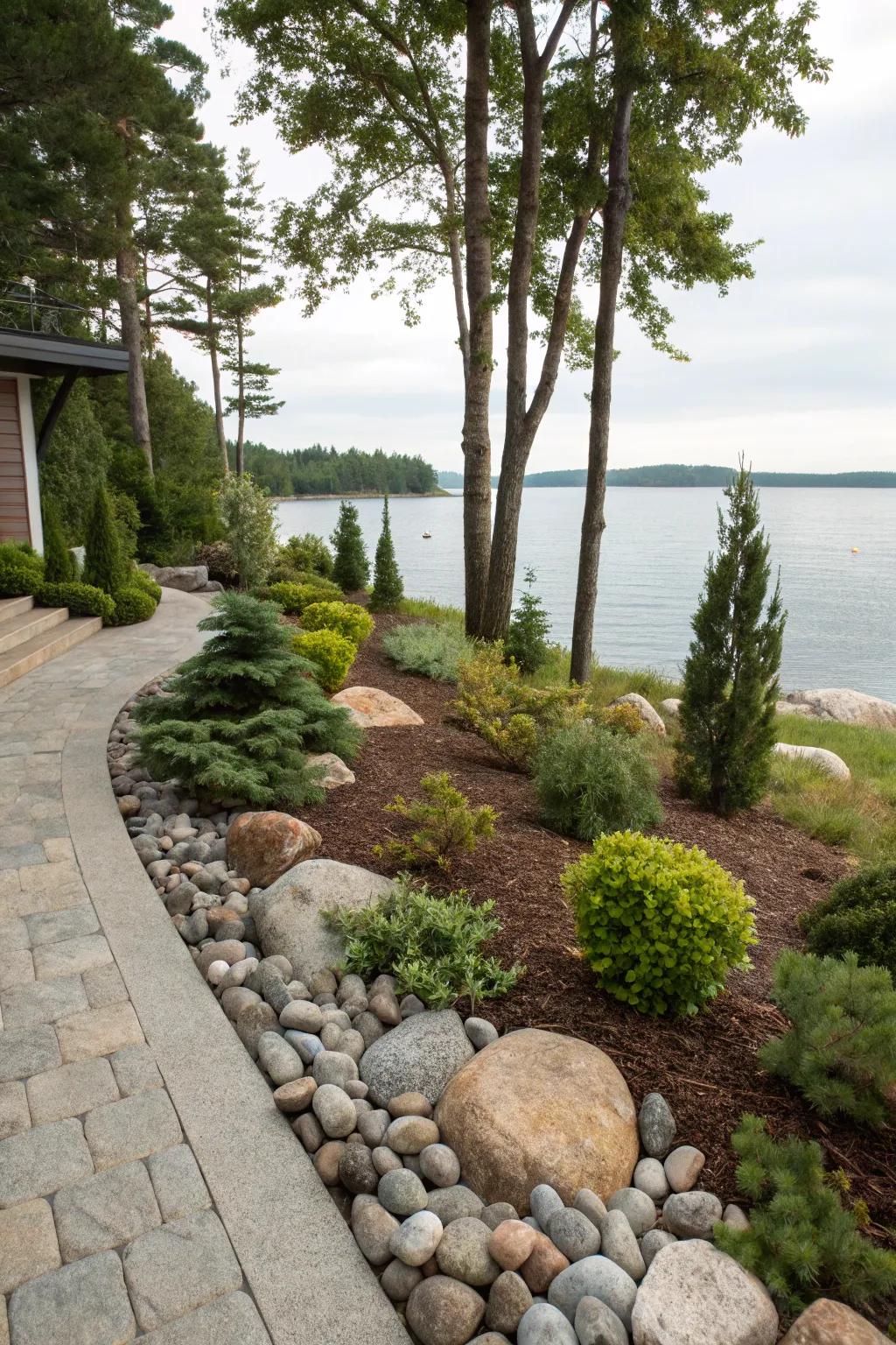 Stone mulch giving the shoreline garden a tidy and natural appearance.