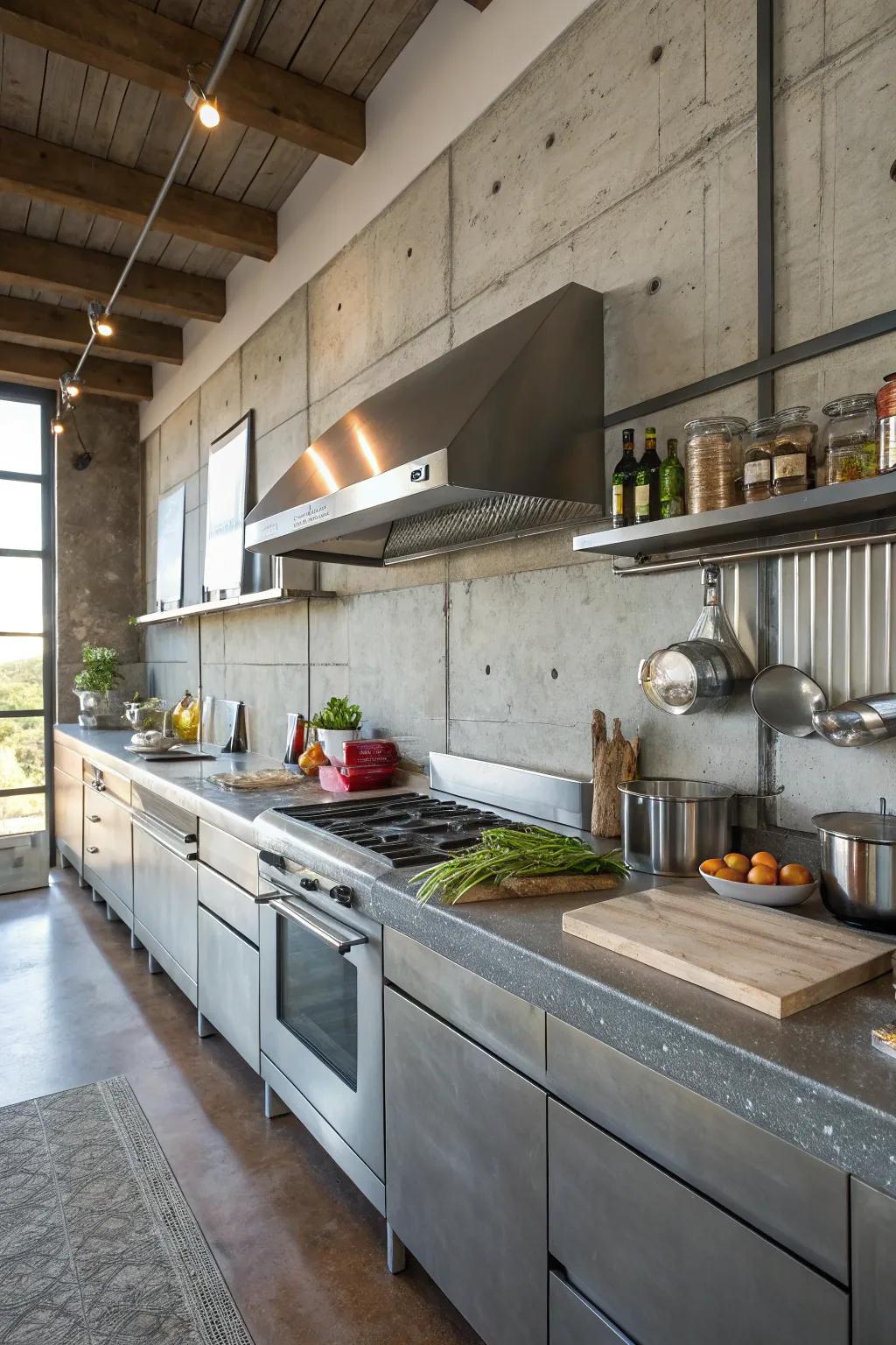 Concrete brings an industrial chic vibe to this stylish kitchen.