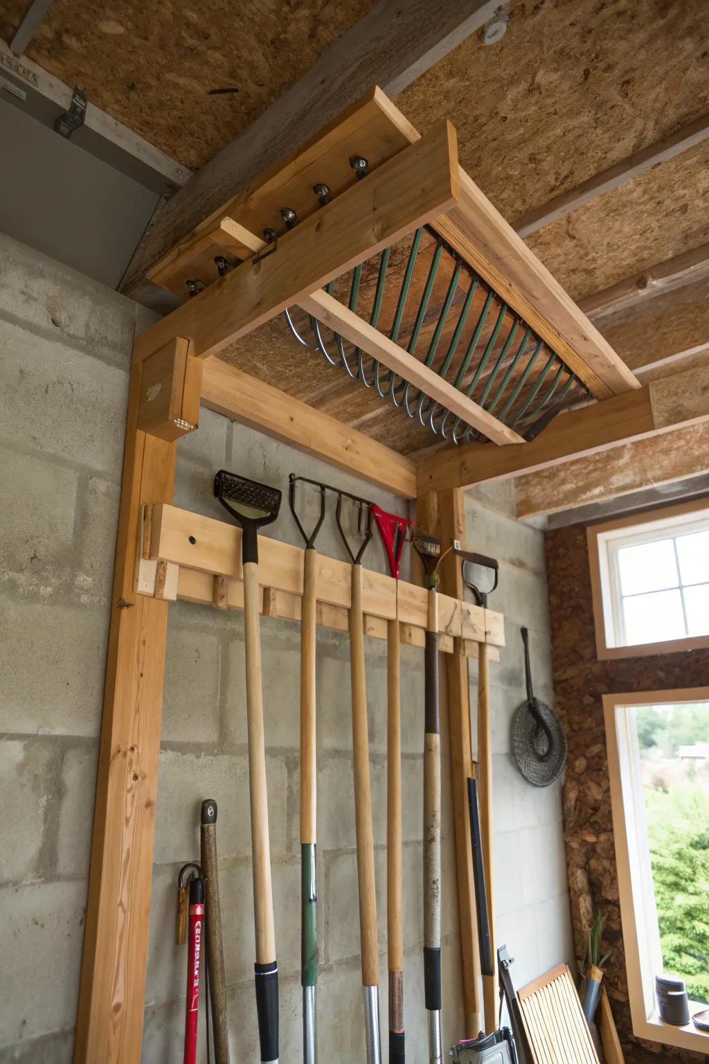 Elevate your storage game with a ceiling-mounted tool rack that combines functionality with craftsmanship.