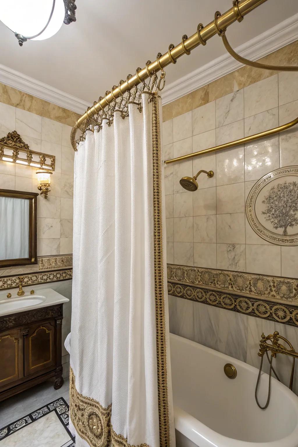 Vintage brass rods add elegance and timeless charm to bathrooms.