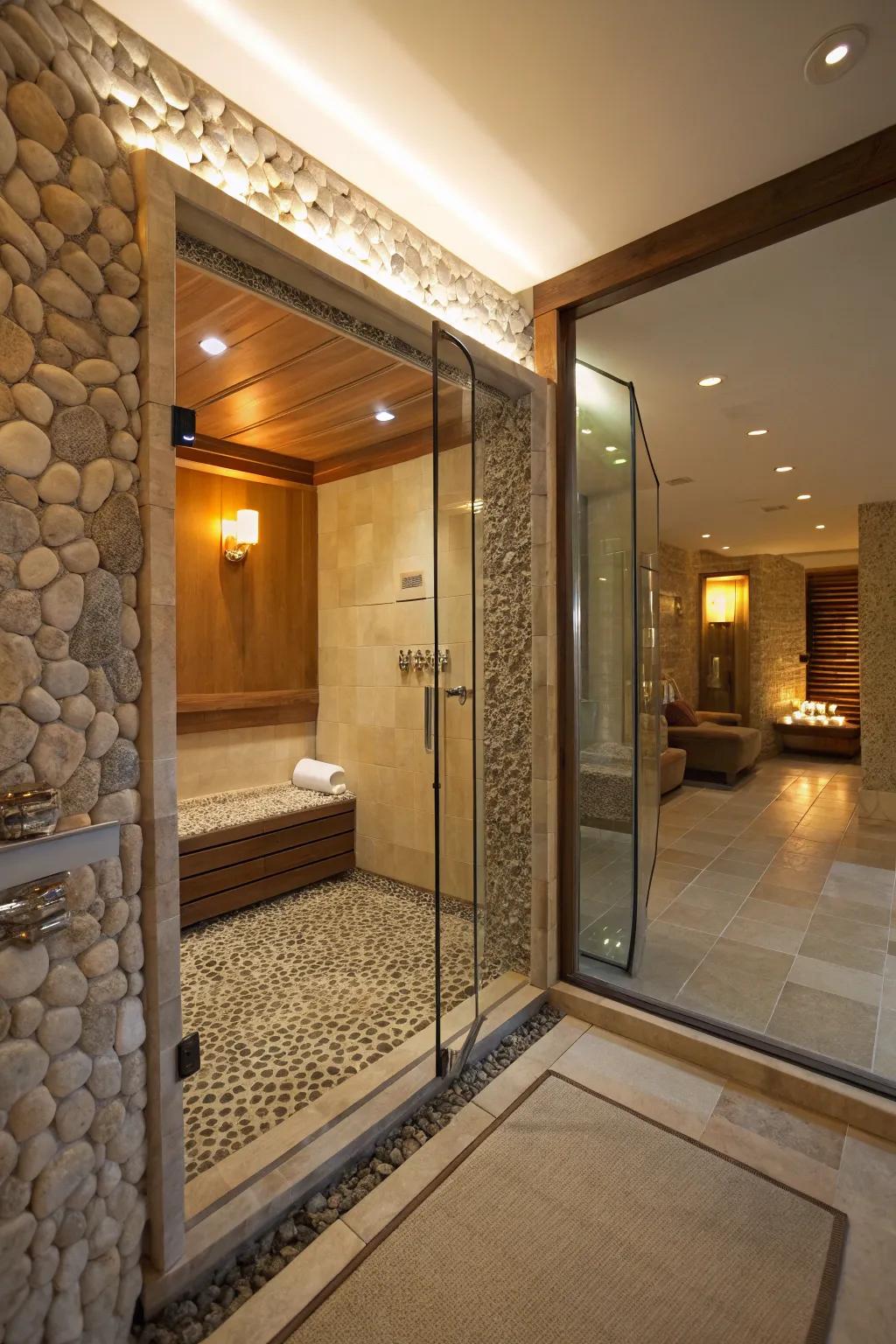 Pebble tiles add texture and a spa-like vibe to shower borders.