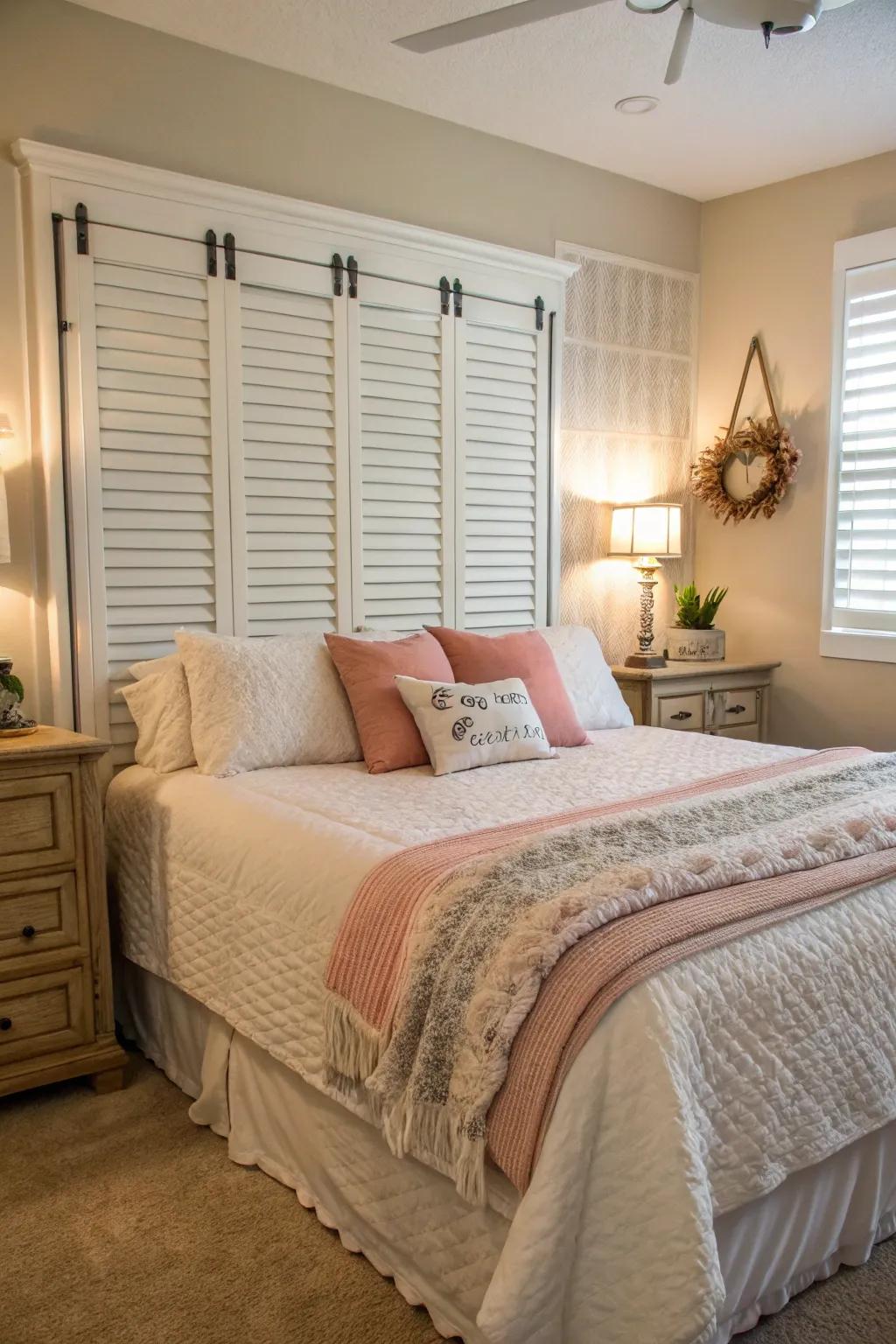 A unique headboard crafted from shutter doors.