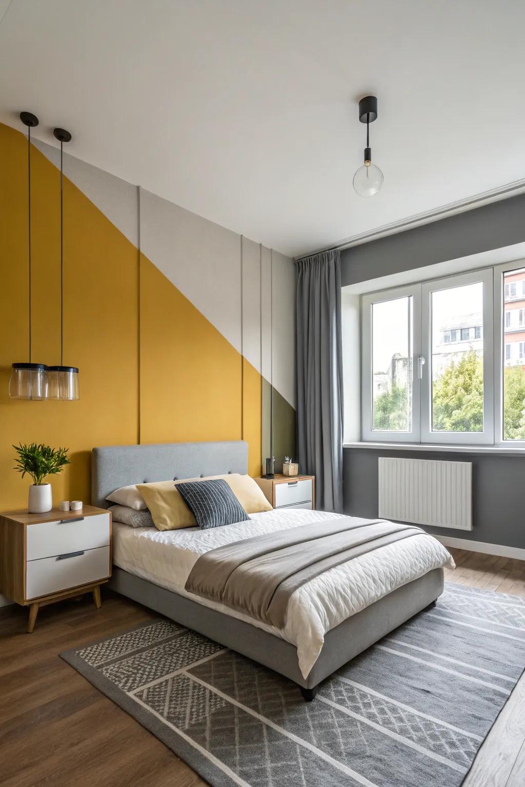 Color blocking adds a contemporary flair to your bedroom walls.