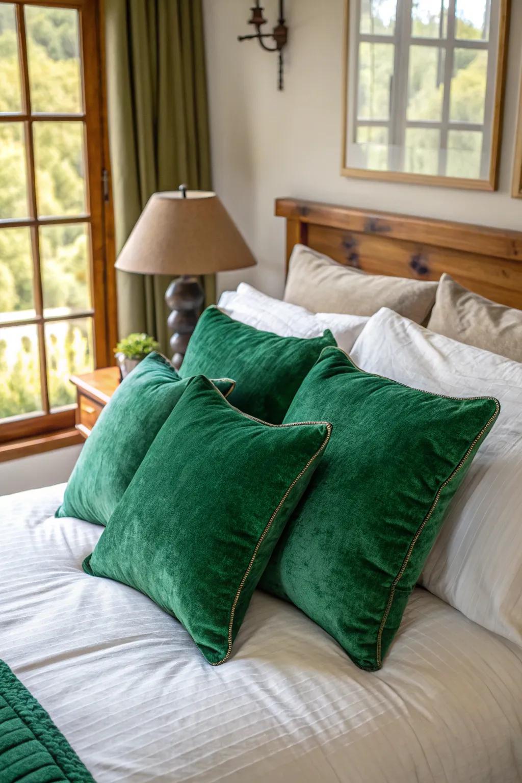 Emerald green throw pillows add a touch of luxury.