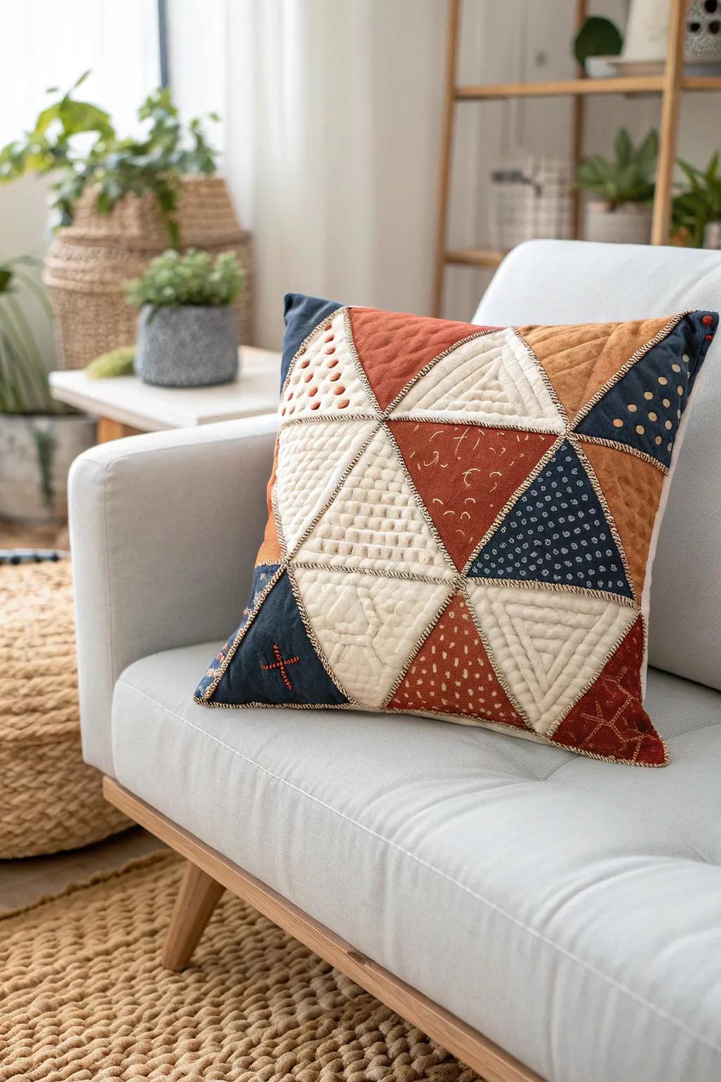 Bring a touch of artistic elegance to your living space with this stunning geometric patchwork cushion.