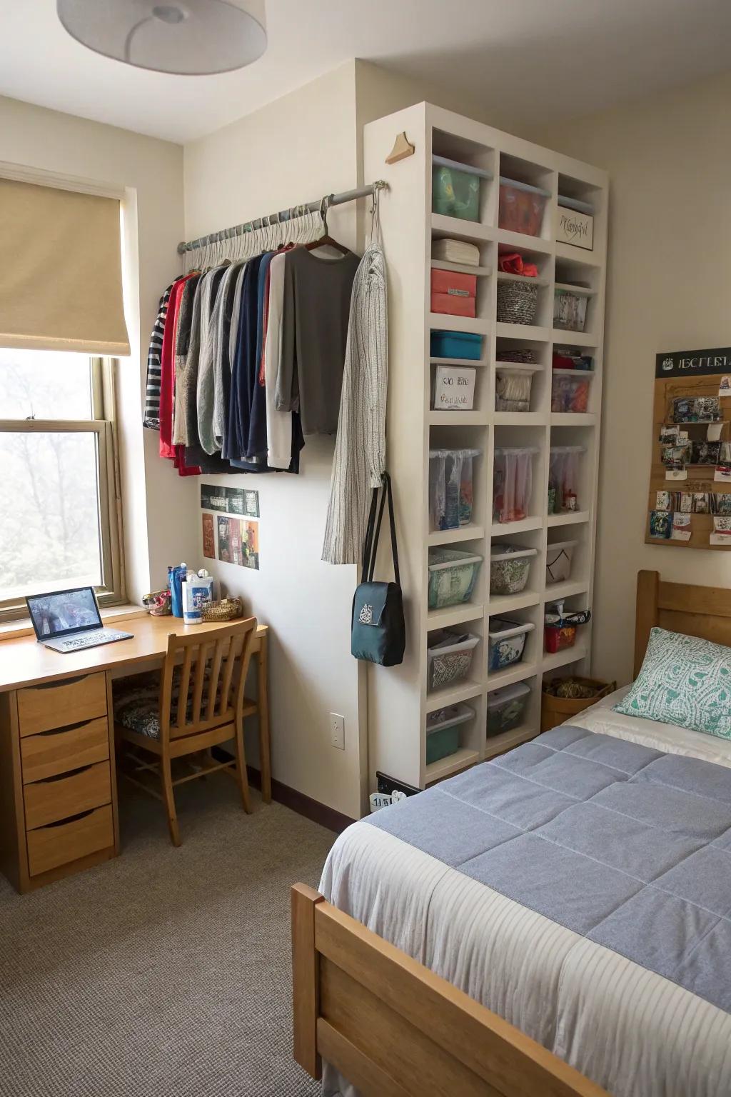 Vertical storage solutions help make the most of limited dorm room space.