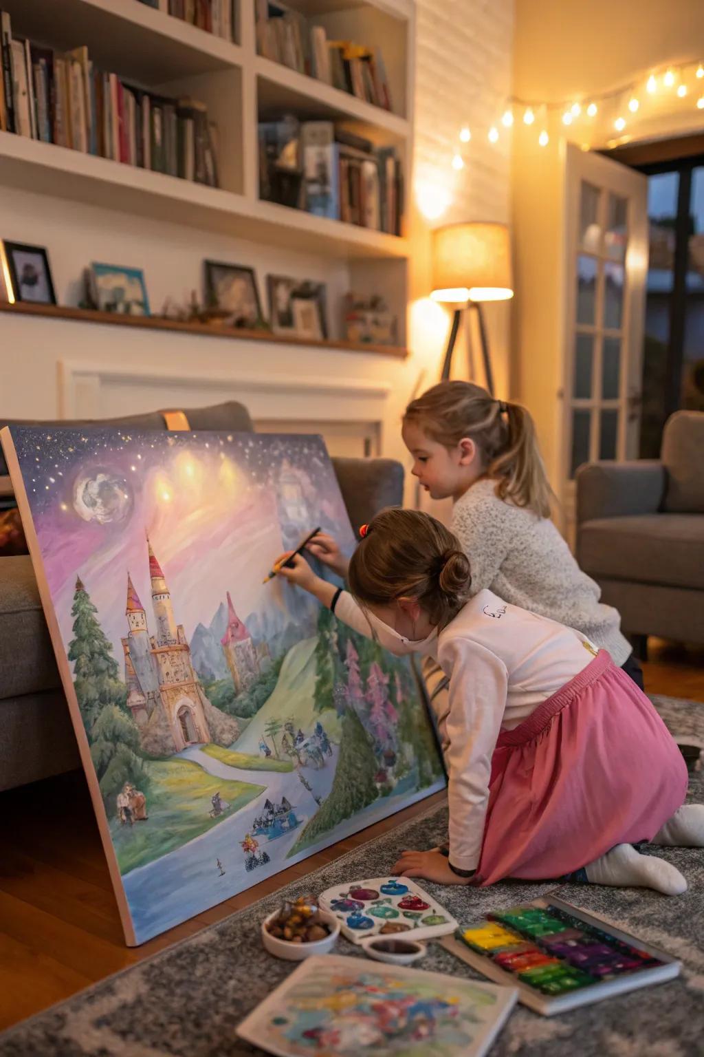 Children creating magical fantasy lands on canvas