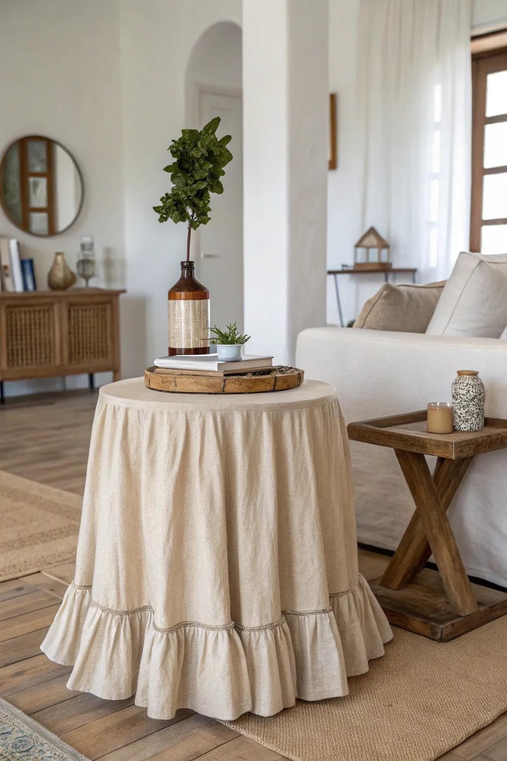 A side table draped in linen, showcasing minimalist elegance in a serene living space.