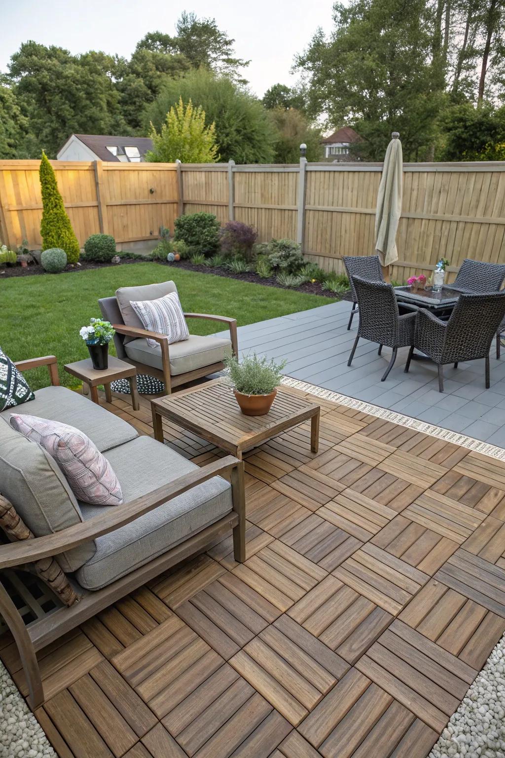 Interlocking deck tiles provide a quick and stylish update to this patio area.