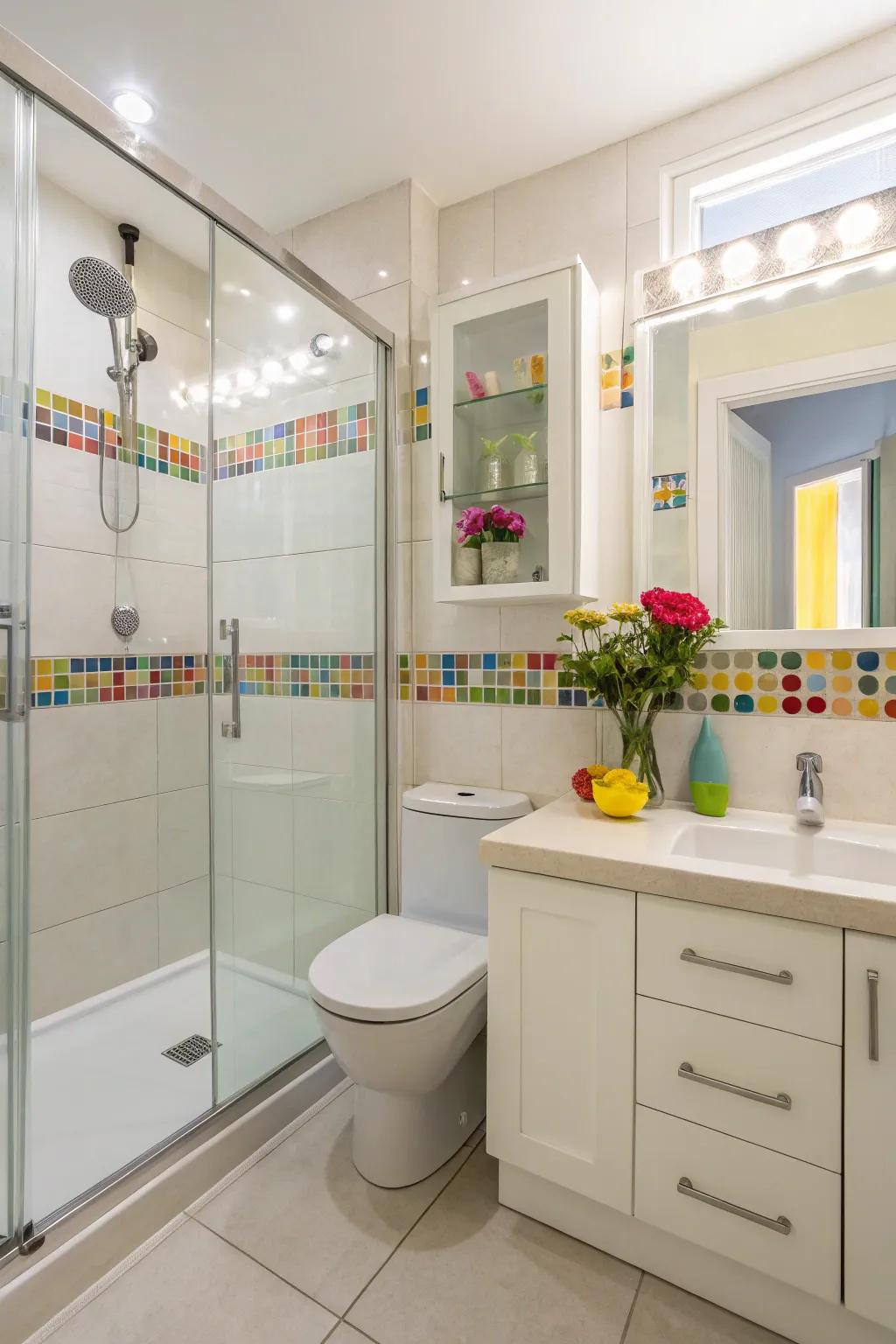 Frameless glass doors create a seamless look in small bathrooms.