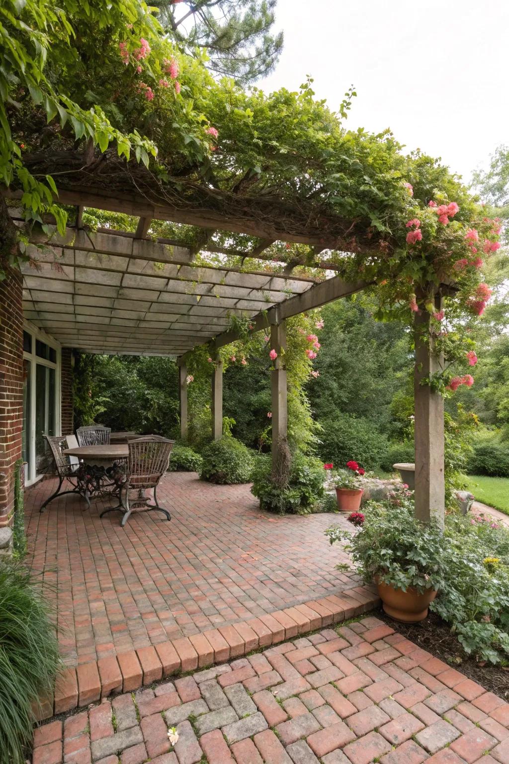 A brick patio with a pergola and climbing plants.