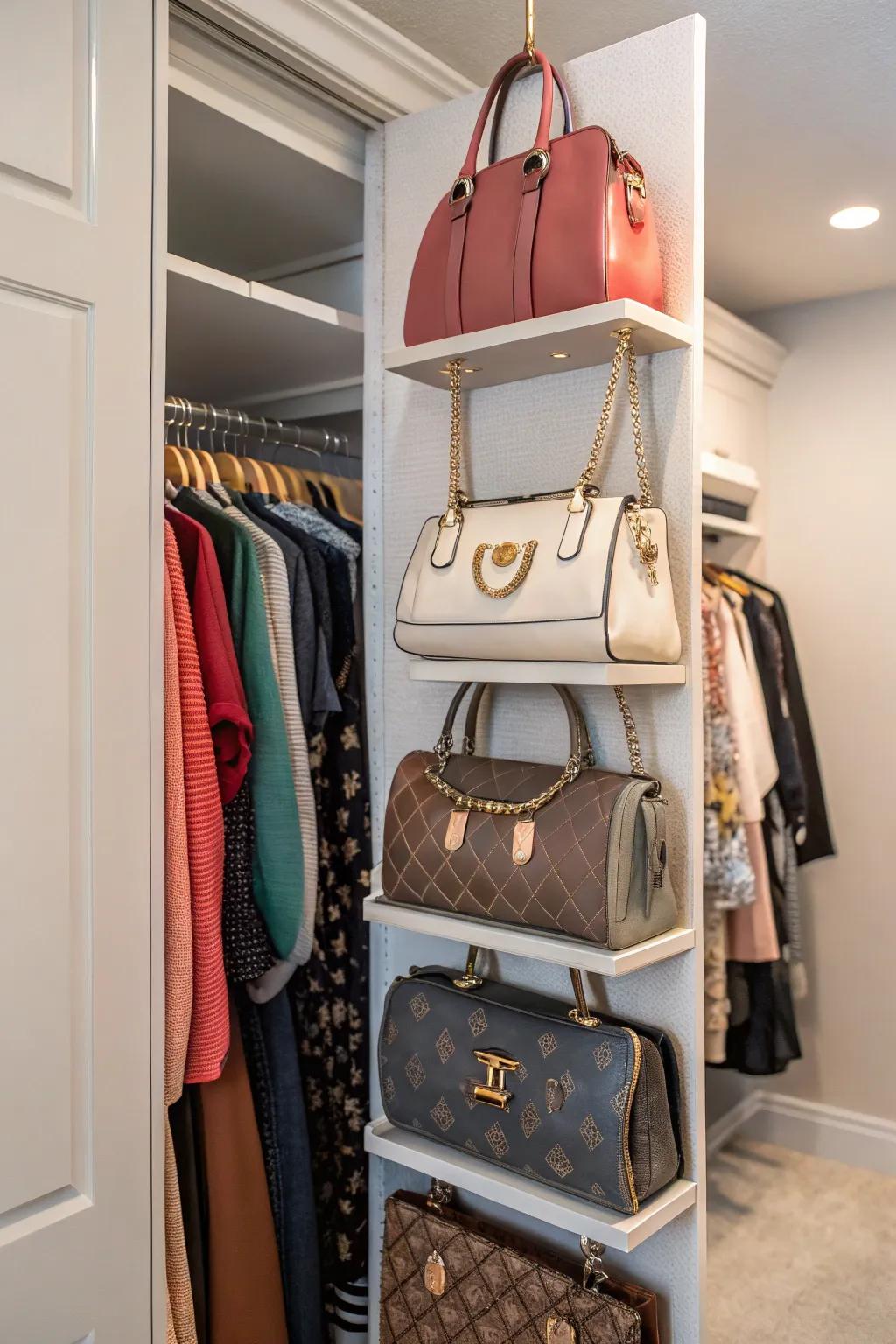 A hanging organizer keeps handbags neat and prevents damage.