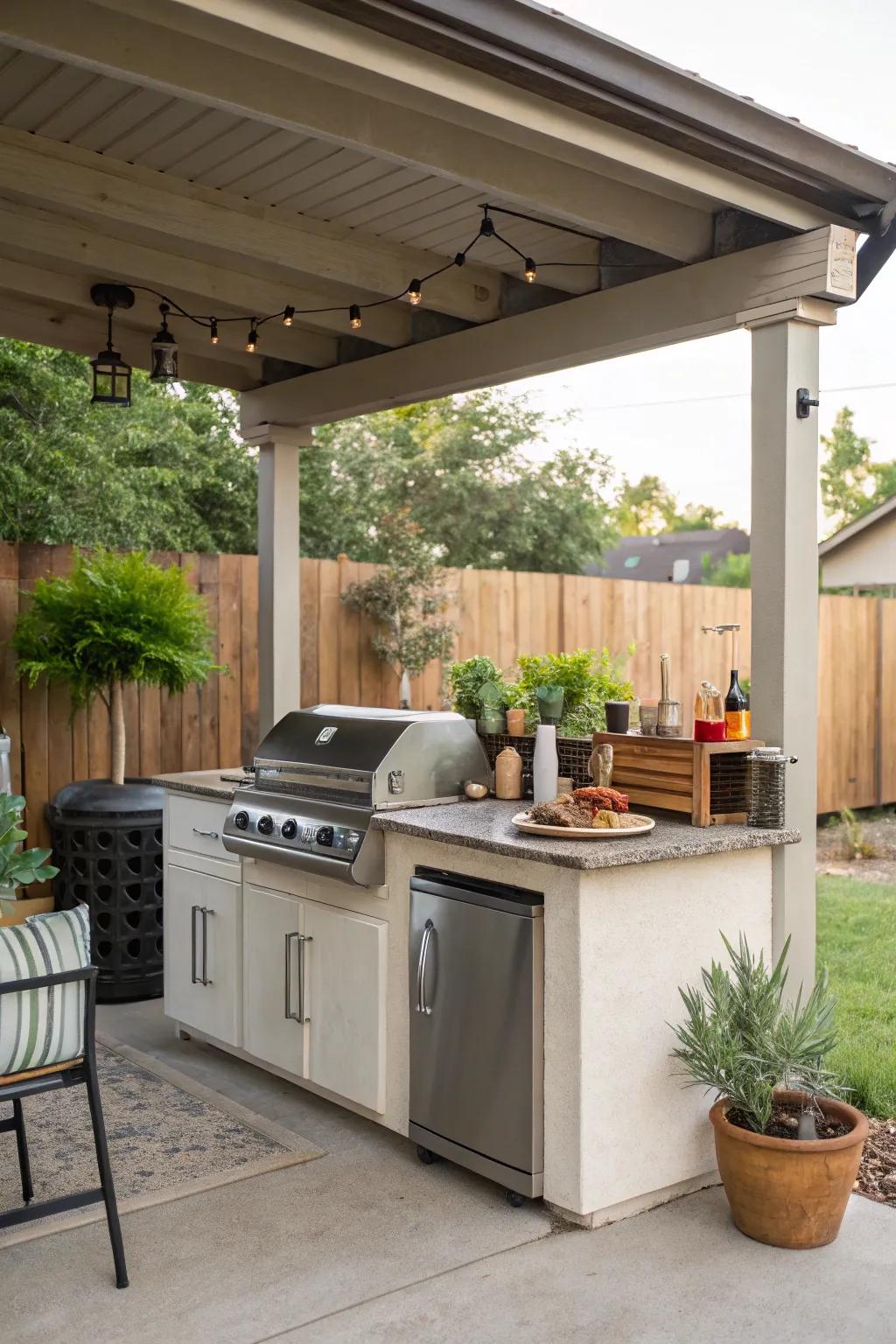 A charming covered patio kitchen for all-season cooking.