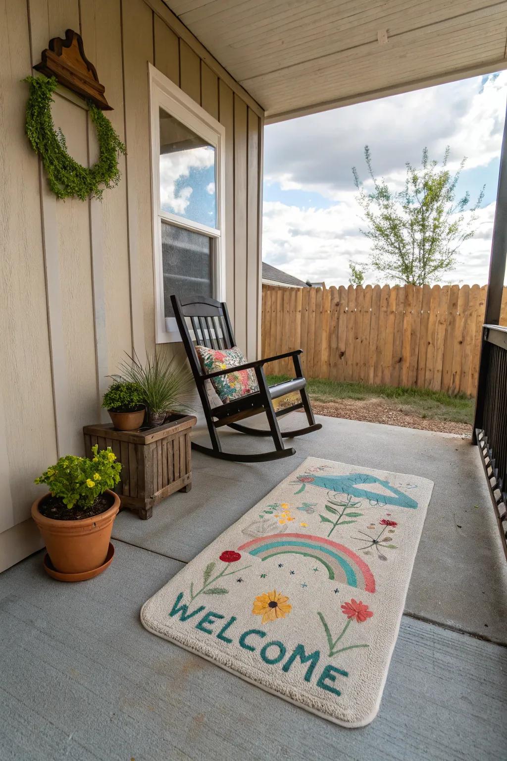 A whimsical mat adds personality to your porch.