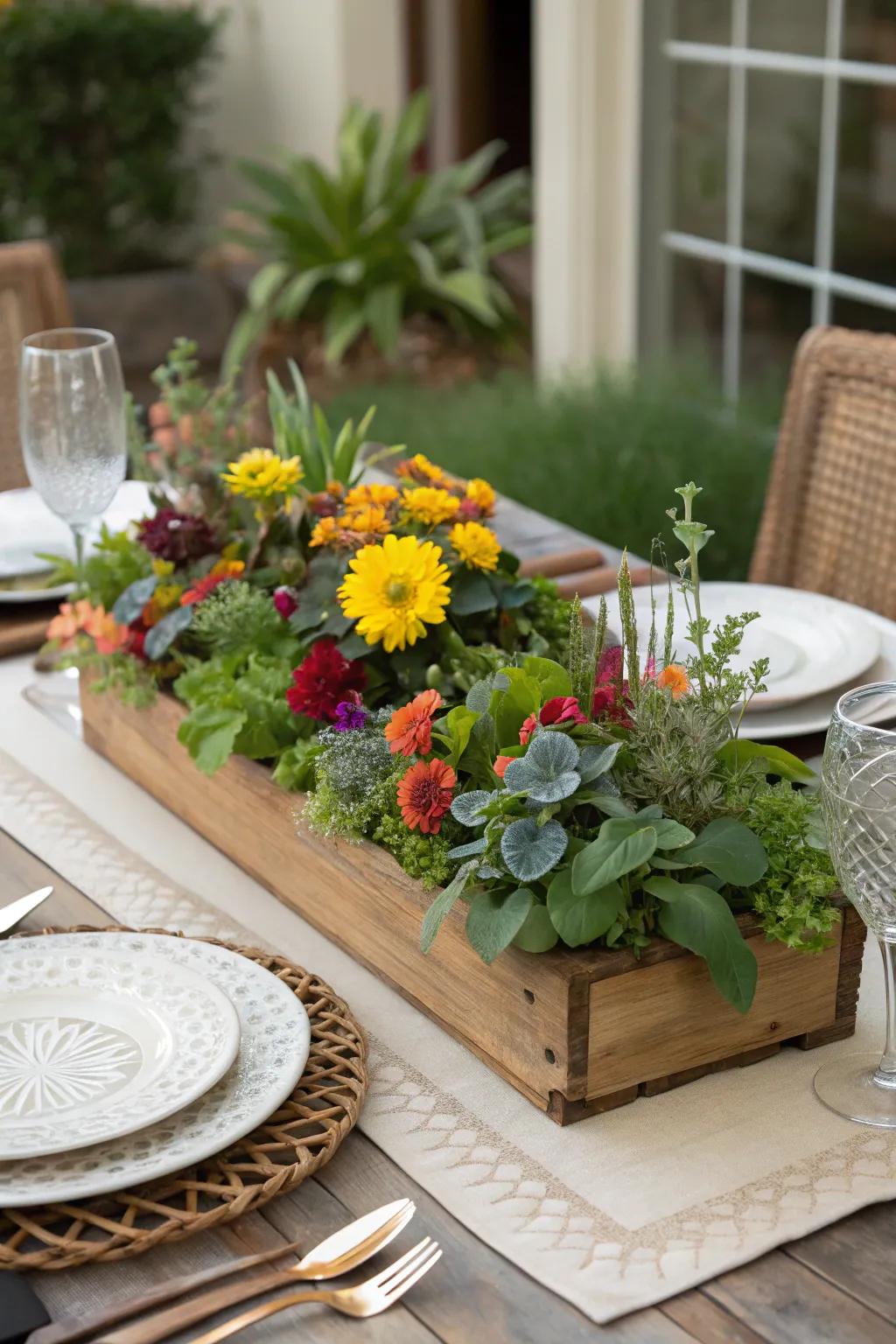 A tabletop garden brings life to dining spaces.