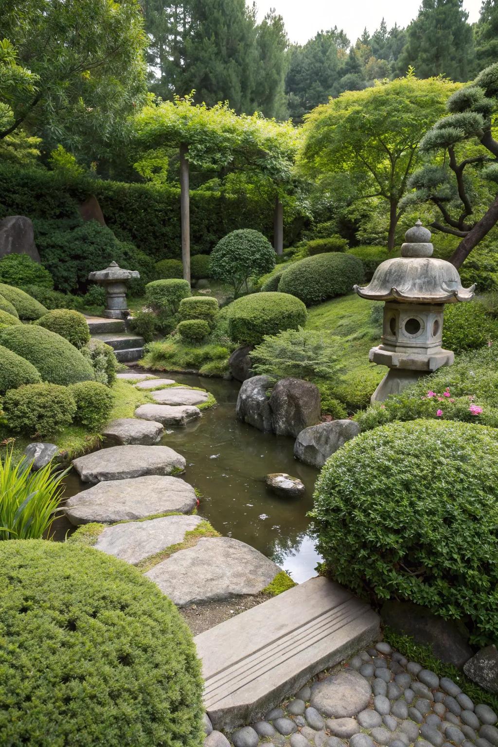 Artistic sculptures add a personal touch to the garden's design.