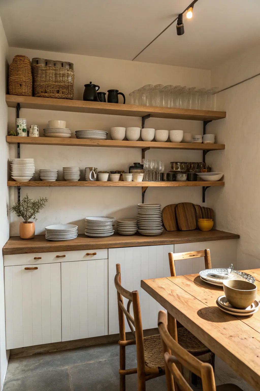 Floating shelves add style and storage to your kitchen.