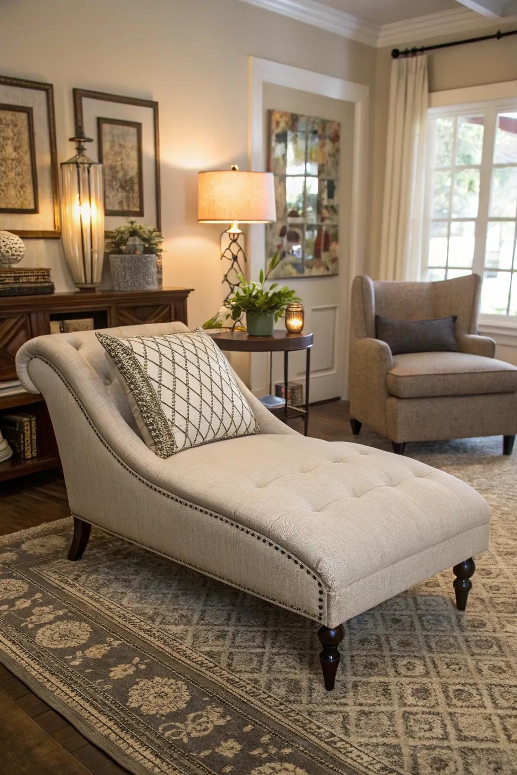 A small living room with a freestanding chaise lounge as a bold centerpiece.